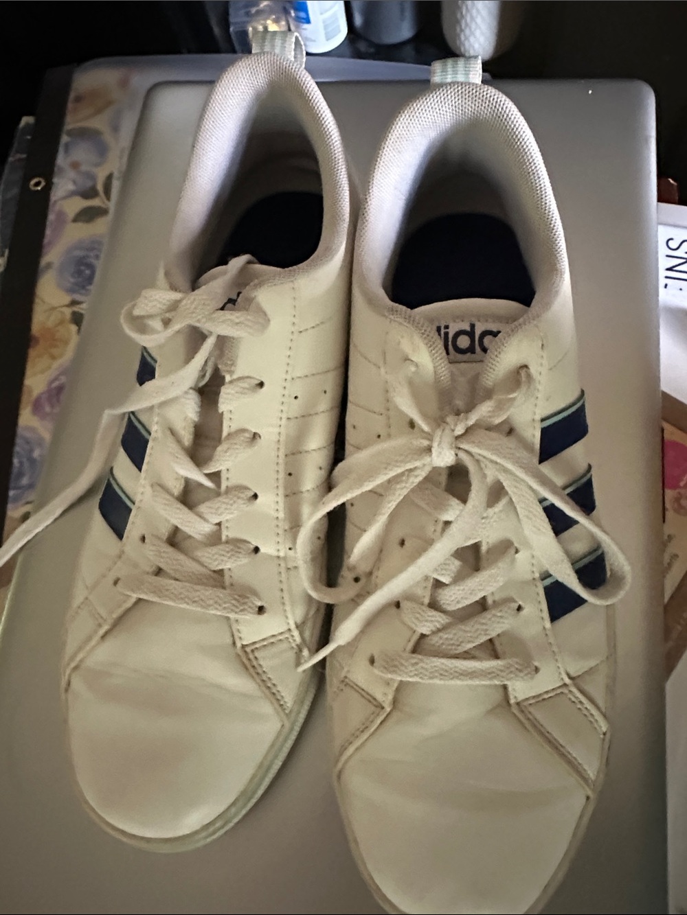 adidas Cream/White Athletic Sneakers with Navy Stripes